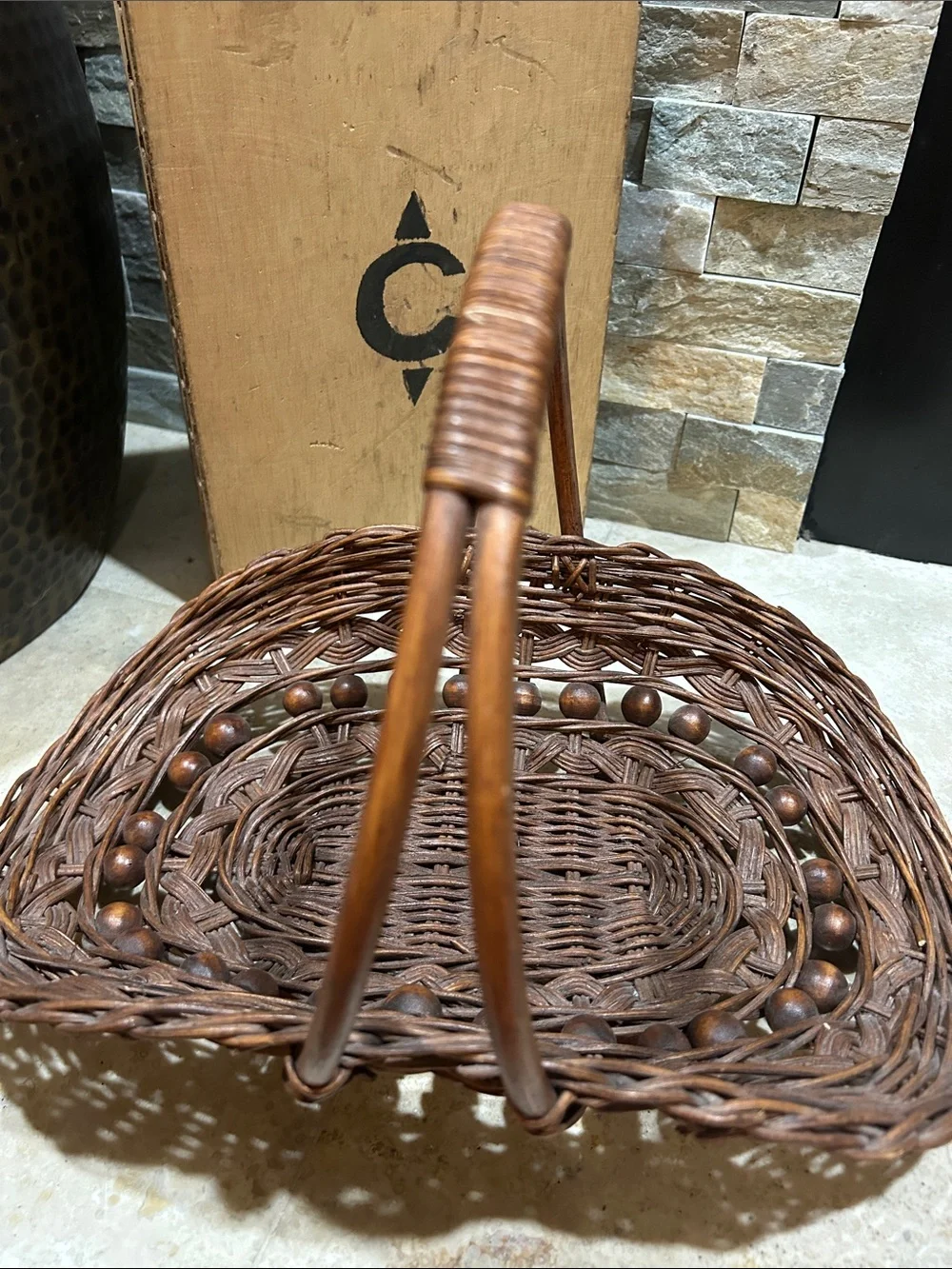 SOLD- vintage wicker rattan foraging flower trug basket decorated w/ wooden bead